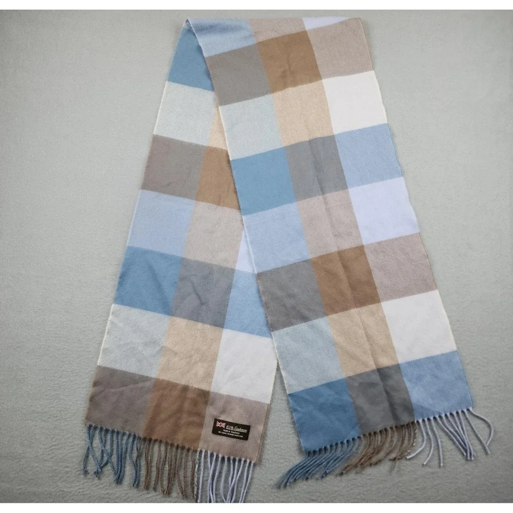 Cashmere Scarf Mens One Size Blue Brown Plaid Fringe Made In Scotland Winter